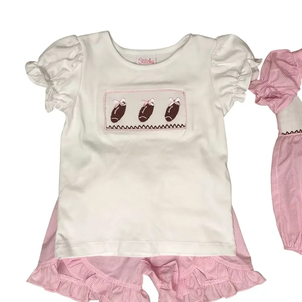 Stitchy Fish Football Sister Set Girls 4T Baby 9M Smocked Pink Gingham Game Day